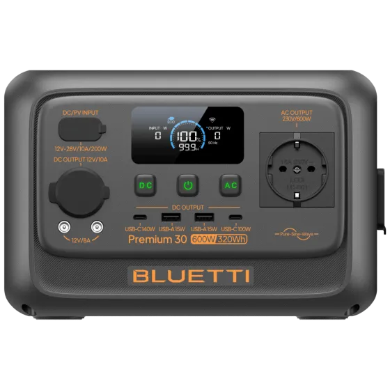 Зарядна станція BLUETTI Premium 30 V2 — передня панель із дисплеєм, розеткою 230 В і портами USB