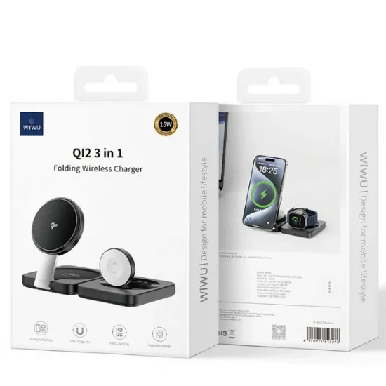 Бездротова зарядка Wiwu Wi-W028 3in1 Qi2 Folding Series (Phone/Earphone/Watch) (Black) Black