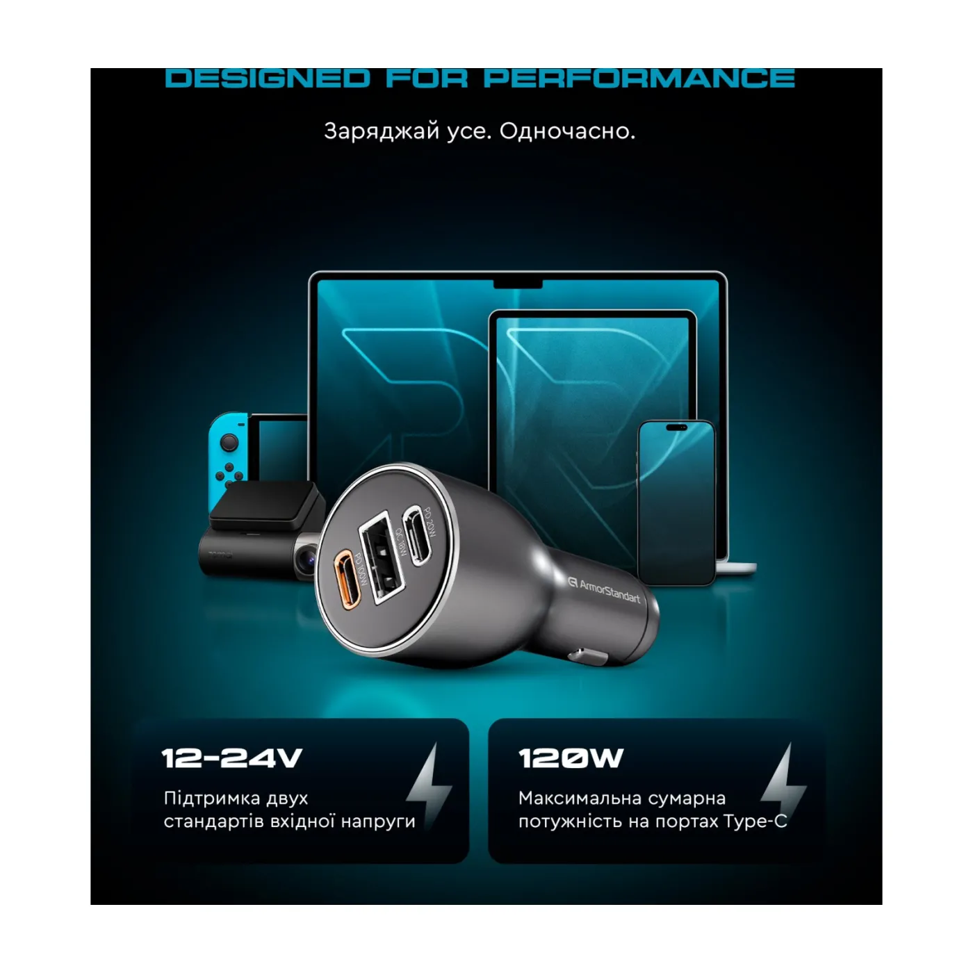 Автомобільний зарядний пристрій ArmorStandart Resolute Power ASPP-21 120W 2xUSB-C, USB — фото 3