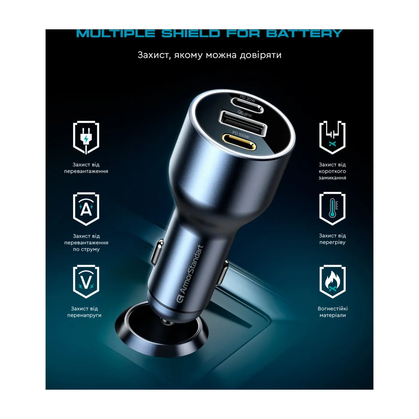Автомобільний зарядний пристрій ArmorStandart Resolute Power ASPP-21 120W 2xUSB-C, USB — фото 7