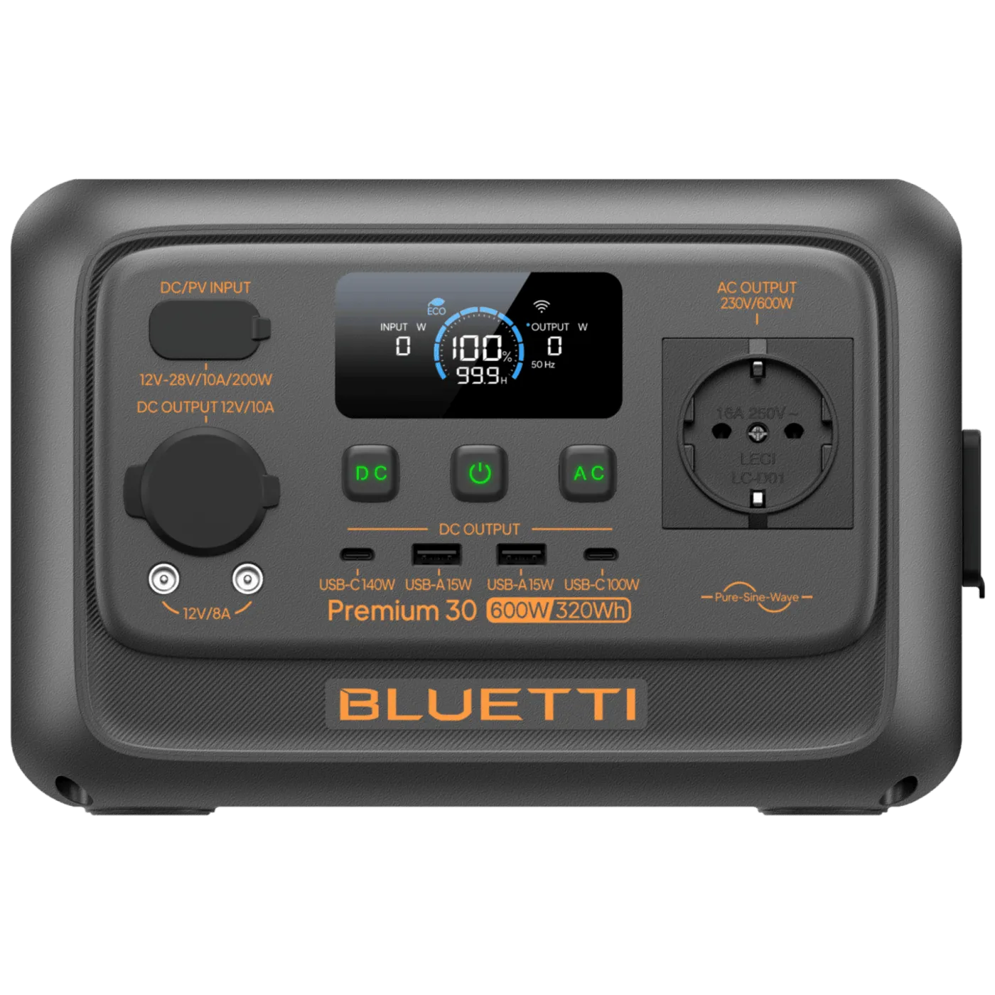 Зарядна станція BLUETTI Premium 30 V2 — передня панель із дисплеєм, розеткою 230 В і портами USB
