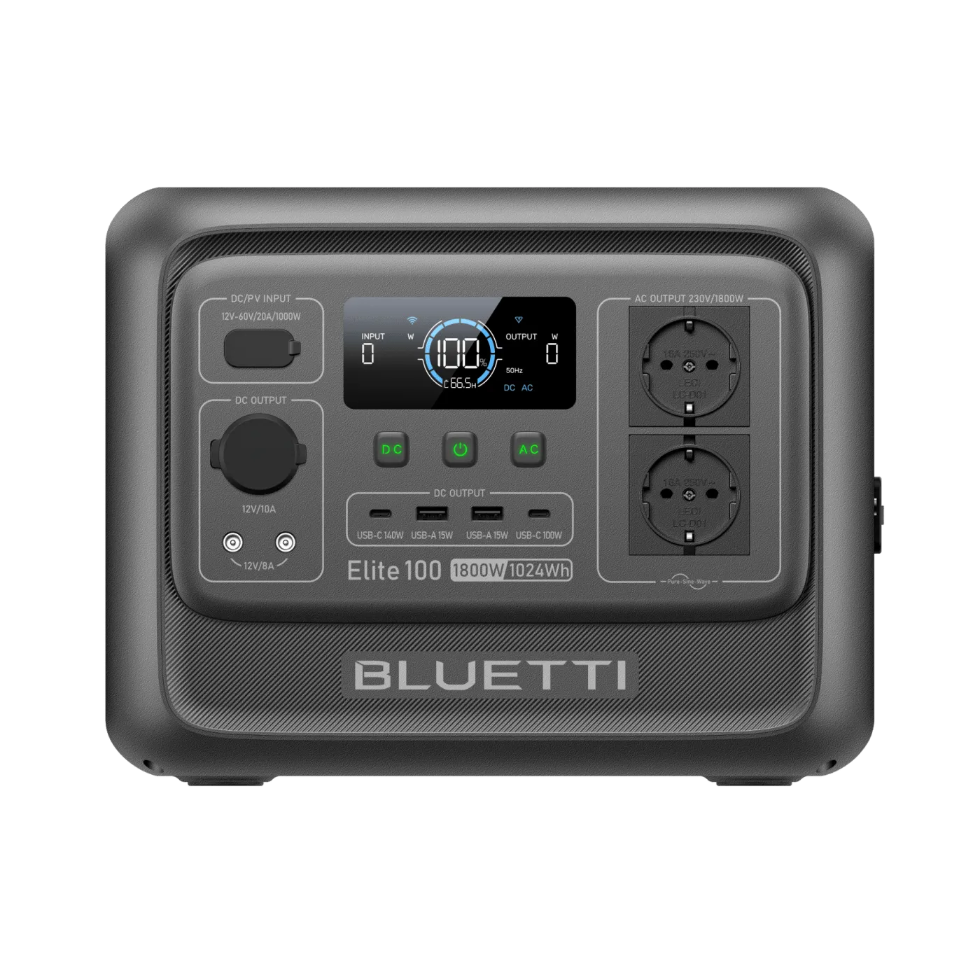 Зарядна станція BLUETTI Elite 100 V2 — передня панель із дисплеєм і двома розетками 230 В