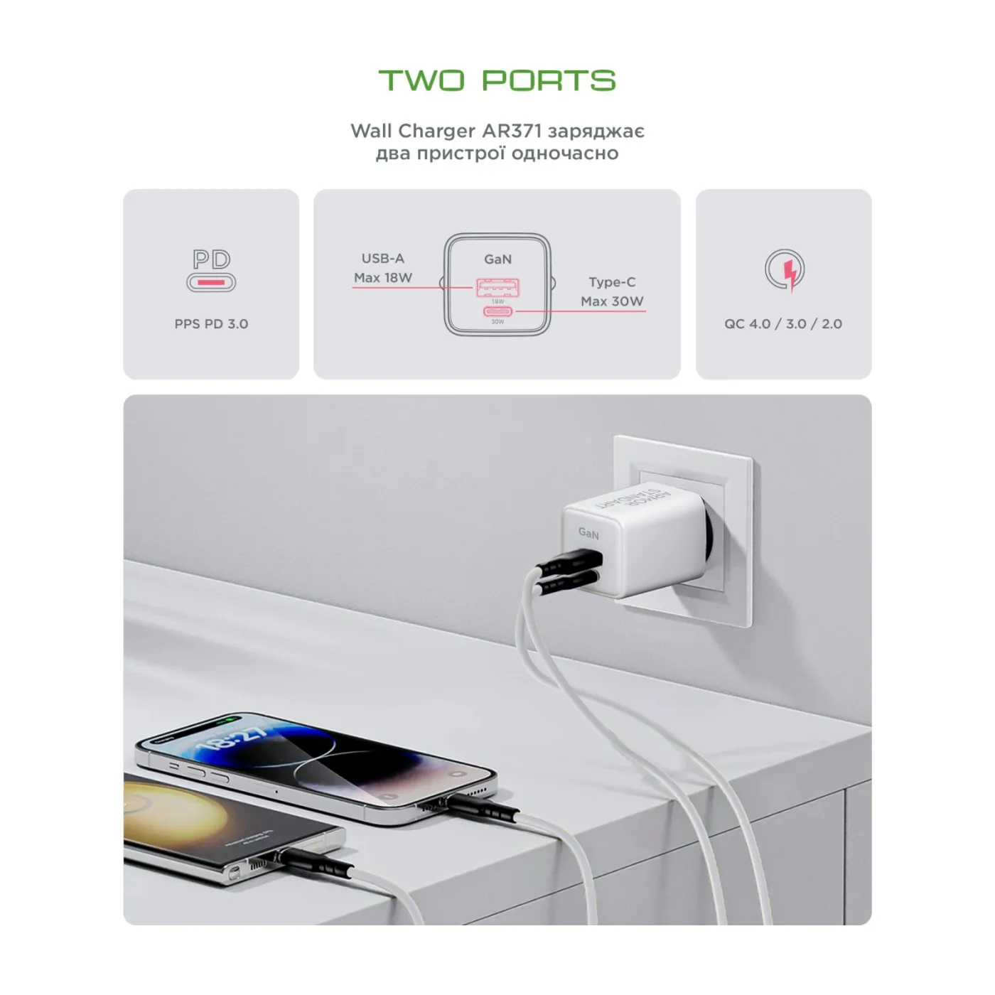 Мережевий зарядний пристрій ArmorStandart AR371 30W GaN Type-C+USB White — фото 6
