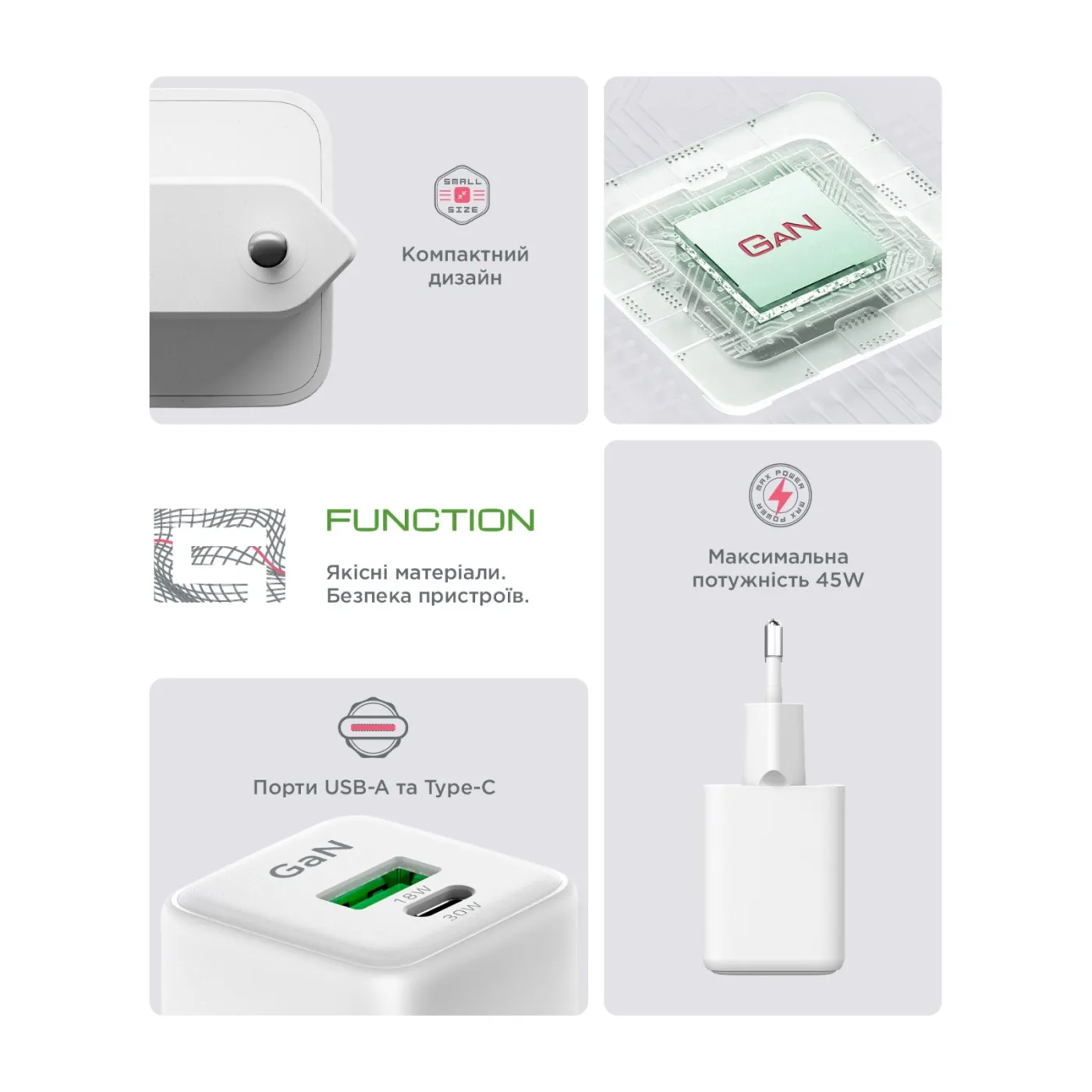 Мережевий зарядний пристрій ArmorStandart AR371 30W GaN Type-C+USB White — фото 8